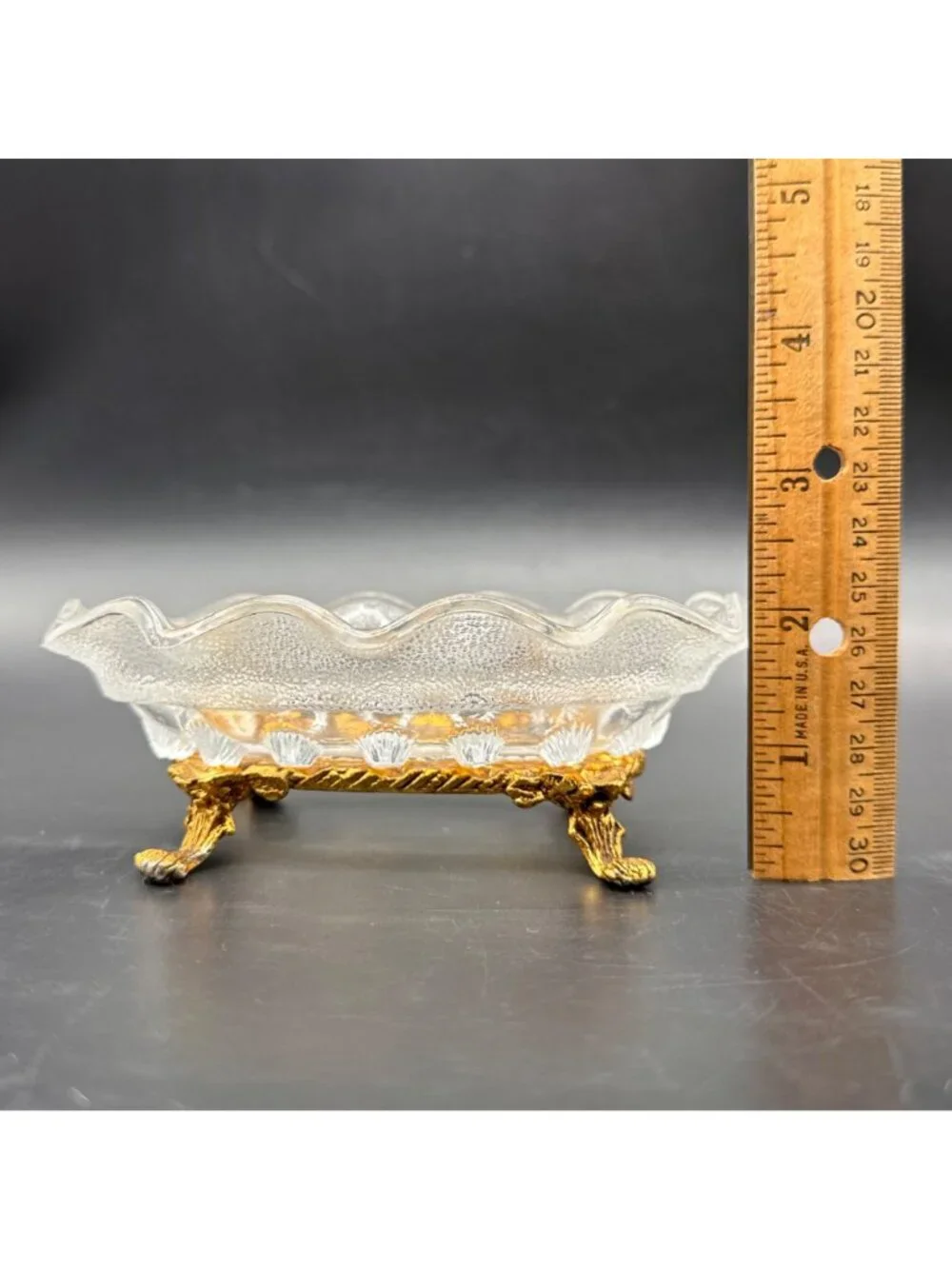Vintage Vanity Soap Dish Trinket Holder  Hollywood Regency Gold Glass Stylebuilt
